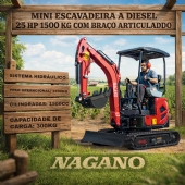 Mini Escavadeira a Diesel 25 hp 1500 kg Braço Articulado Cabine Aberta com Cobertura