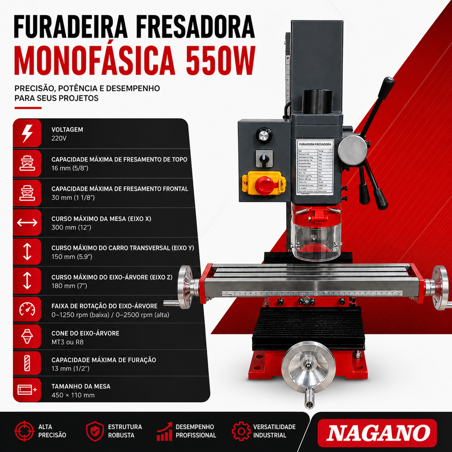 Furadeira Fresadora 550W de Coluna Monofásica 220v - Nagano | Agrot…
