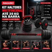 Kit Halteres Ajustável Multifuncional com Barra Até 25 kg e Kettlebell