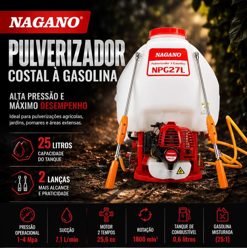 Pulverizador costal a Gasolina 25,6cc 27 Litros 2 lanças - NPG27L -…