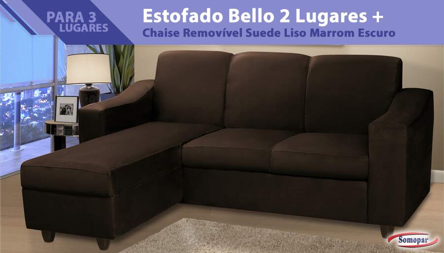 Estofado Bello 2 Lugares mais 
Chaise Removível Suede Liso Marrom Escuro 