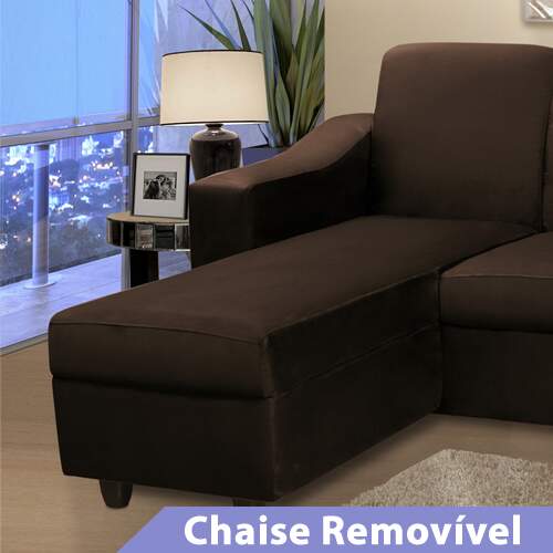 Estofado Bello 2 Lugares mais 
Chaise Removível Suede Liso Marrom Escuro 