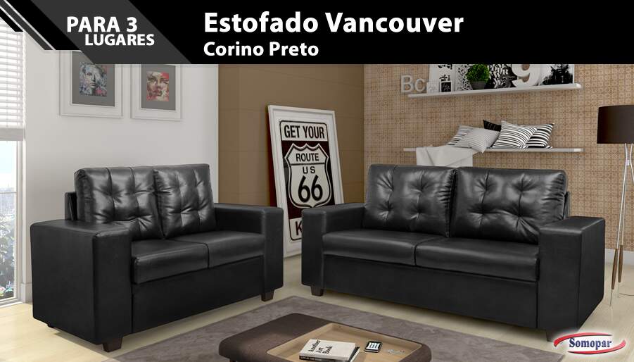 Estofado Vancouver 3 Lugares Corino Preto Estofado Vancouver 3 Lugares Corino Preto