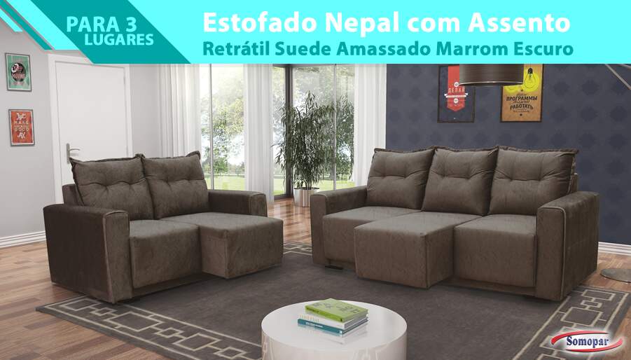 Estofado Nepal 3 Lugares com Assento Retrátil Suede Amassado Marrom Escuro Estofado Nepal 3 Lugares com Assento Retrátil Suede Amassado Marrom Escuro