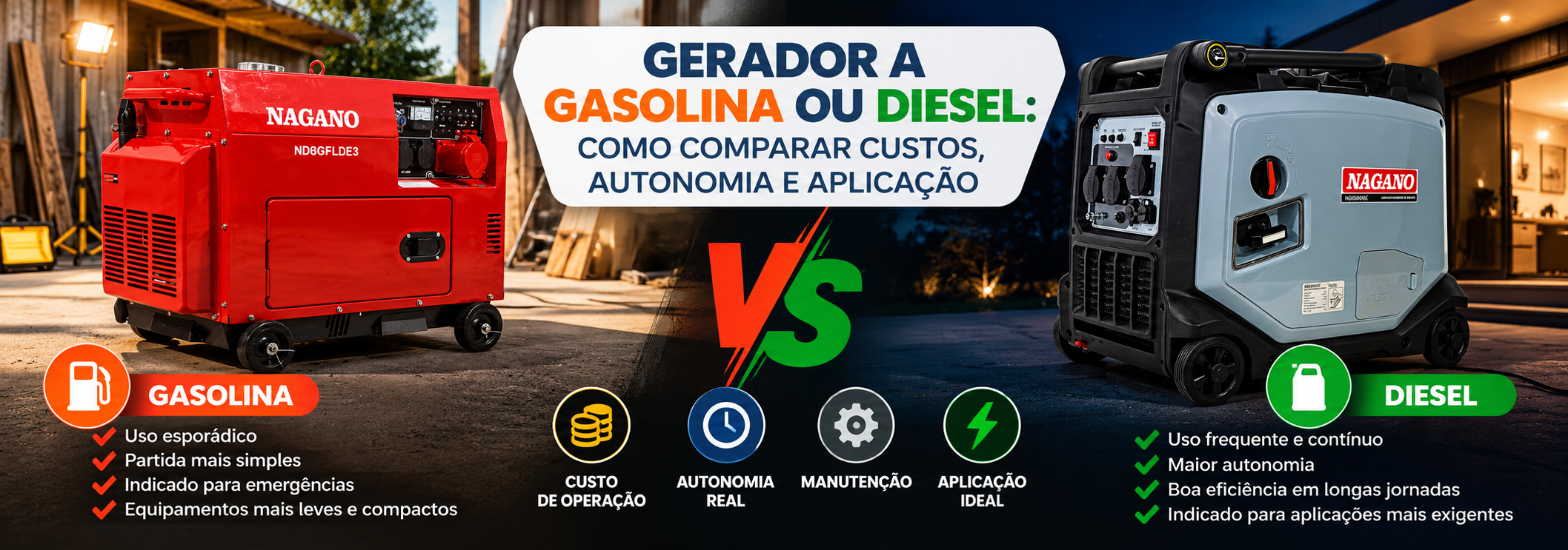 Gerador a gasolina ou diesel: como comparar custos, autonomia e aplicação