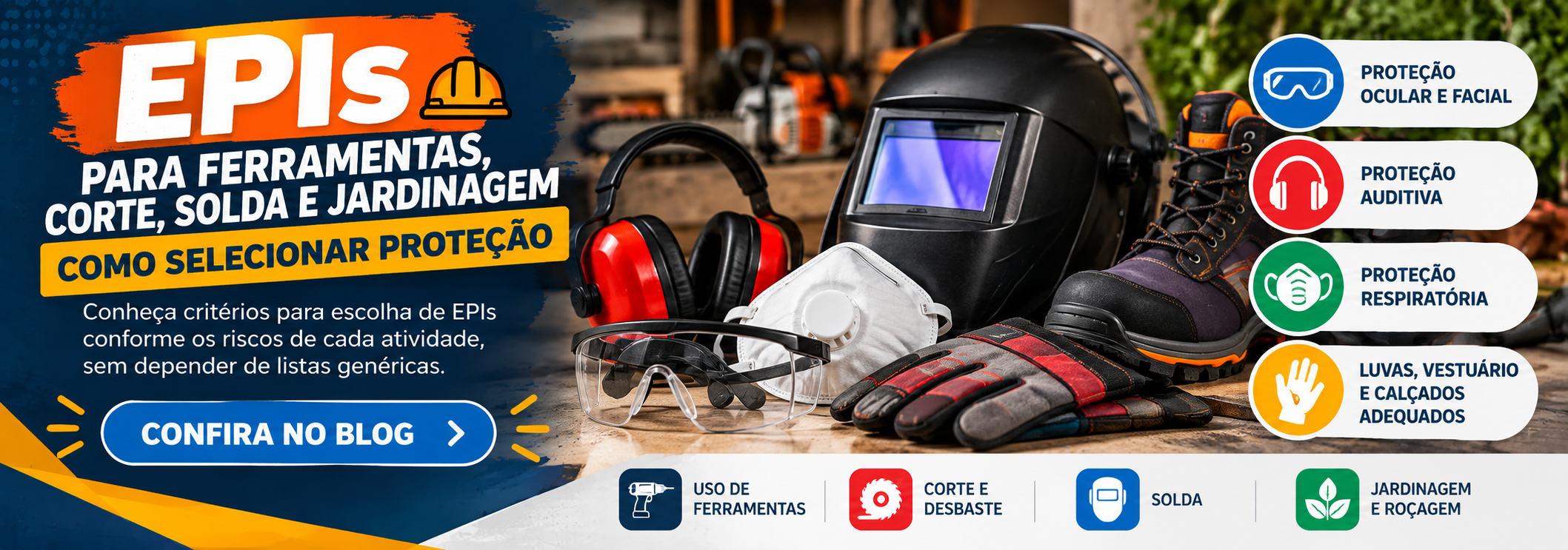 EPIs para ferramentas, corte, solda e jardinagem: como selecionar proteção