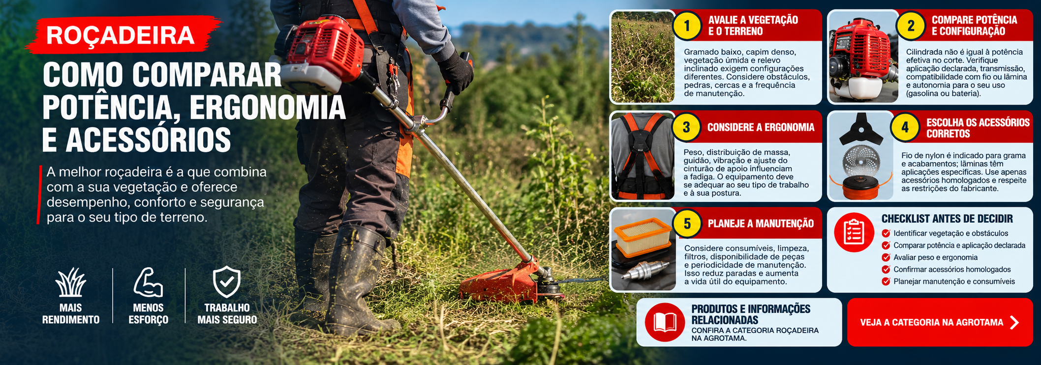 Roçadeira para terreno grande: como comparar potência, ergonomia e acessórios