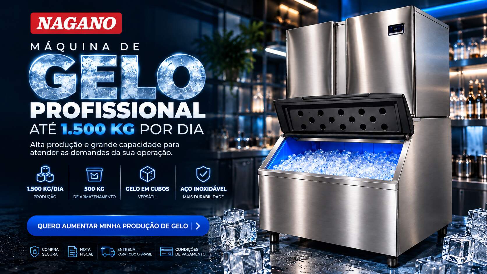 Máquina de gelo industrial Nagano 1500 kg por dia com reservatório de 500 kg e estrutura em aço inoxidável