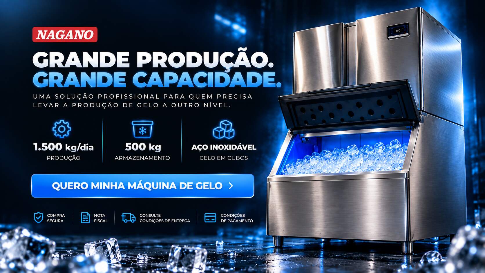 Máquina de gelo industrial Nagano 1500 kg por dia com reservatório de 500 kg em aço inox