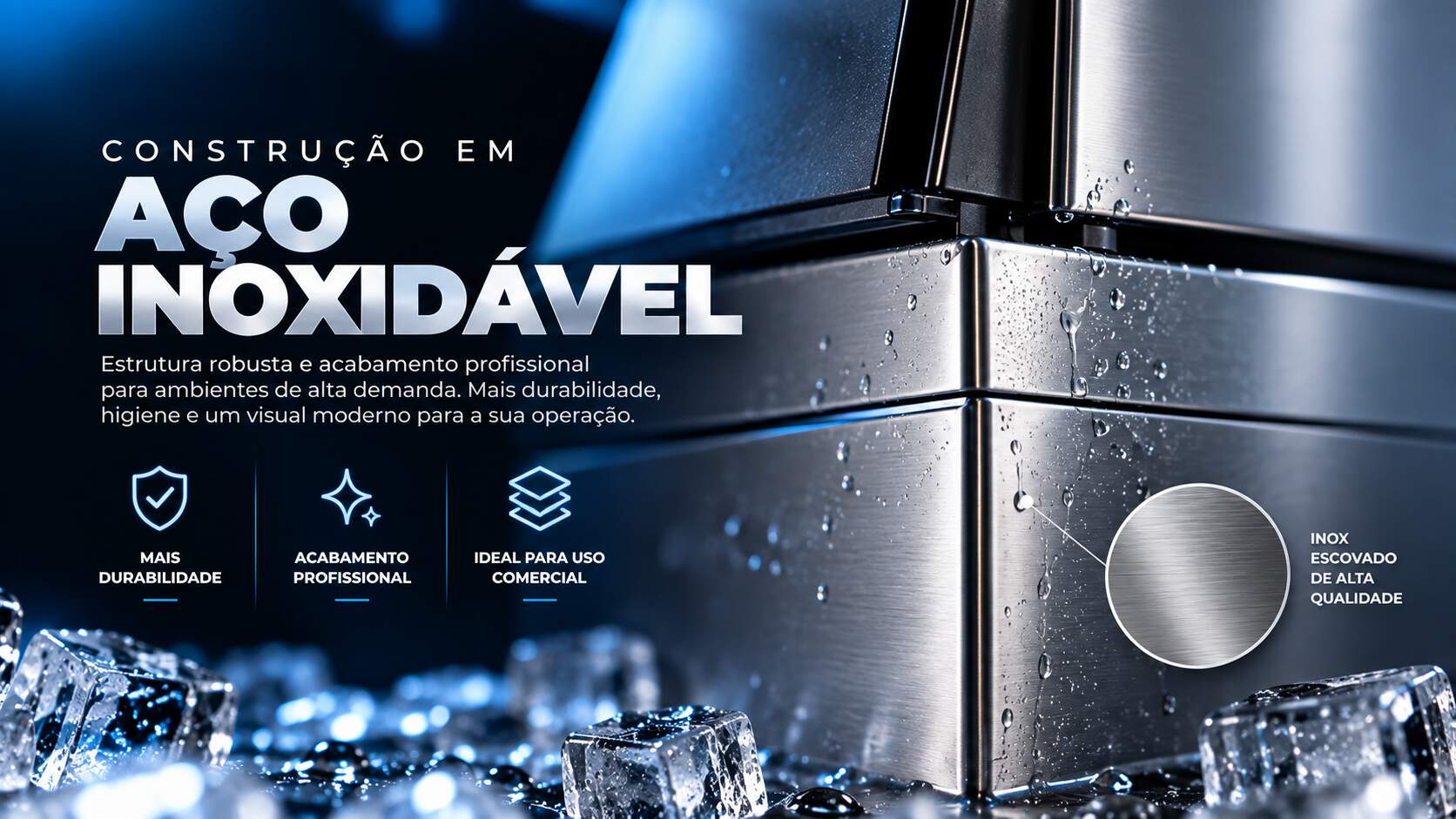 Detalhe da construção em aço inoxidável escovado da máquina de gelo profissional Nagano