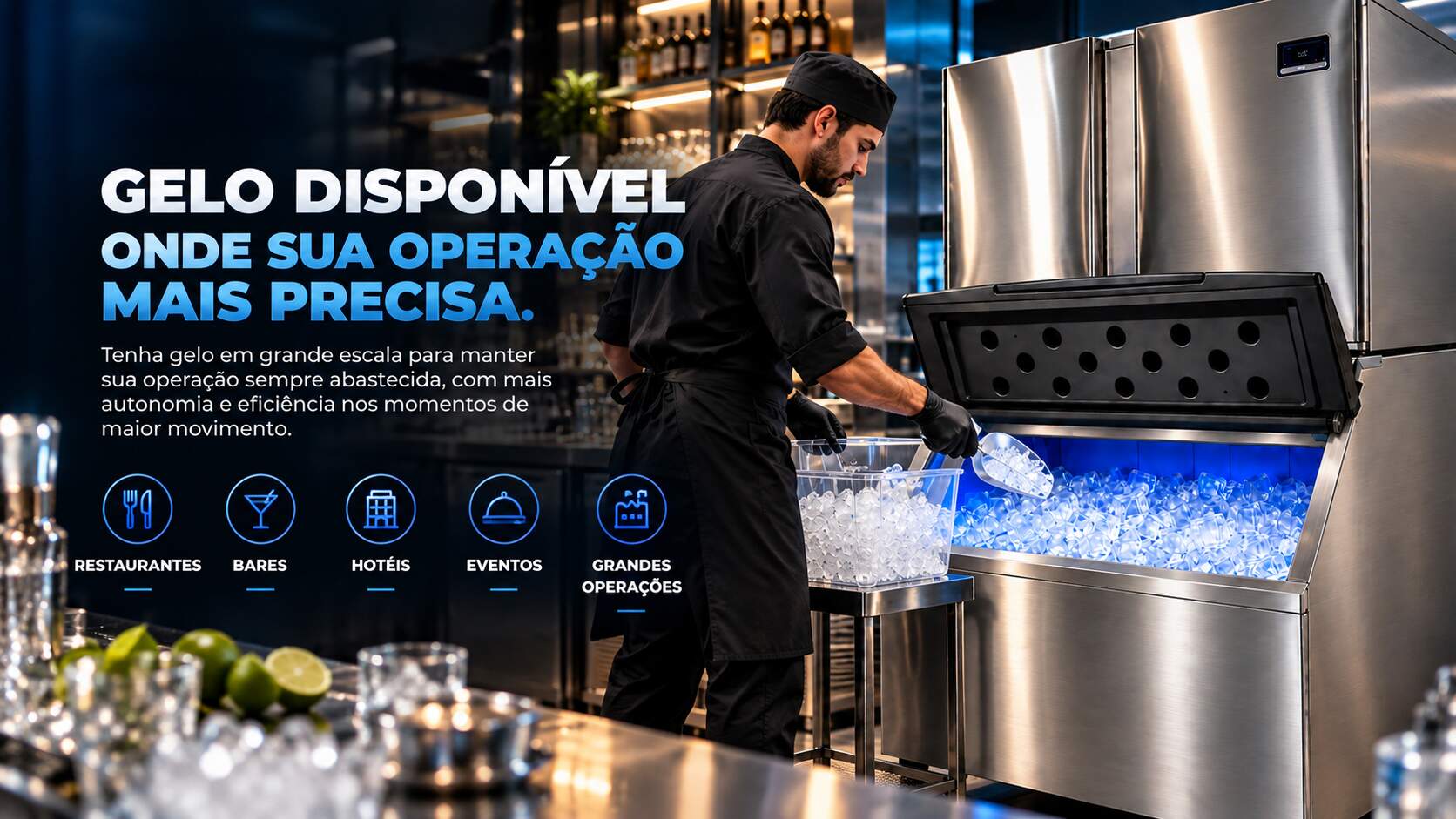 Máquina de gelo industrial Nagano para restaurantes, bares, hotéis, eventos e grandes operações