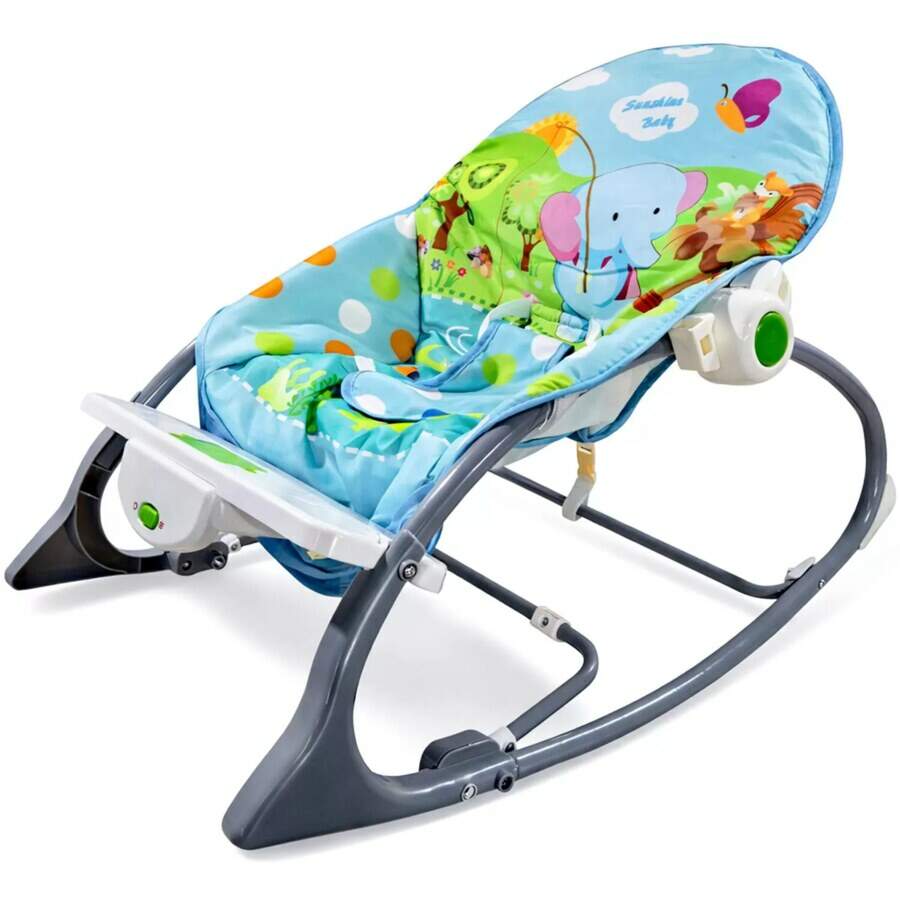 Cadeirinha de descanso Nagano azul com animais, estrutura reclinável e base curva para balanço manual